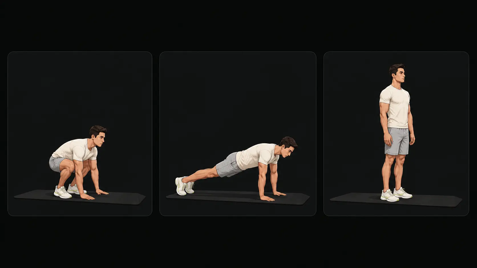 Tre bildsteg visar låg startposition, hög plankposition och upprätt avslut i Burpee utan armhävning.