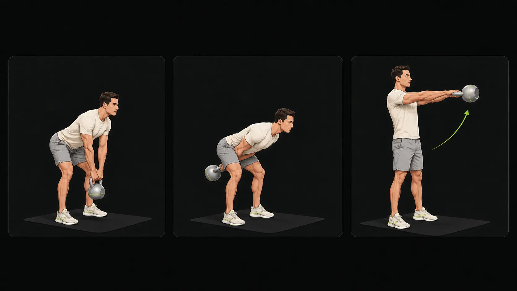 Tre bildsteg visar höftfällning, bakåtsving och höftdrivet toppläge i Kettlebellsving.