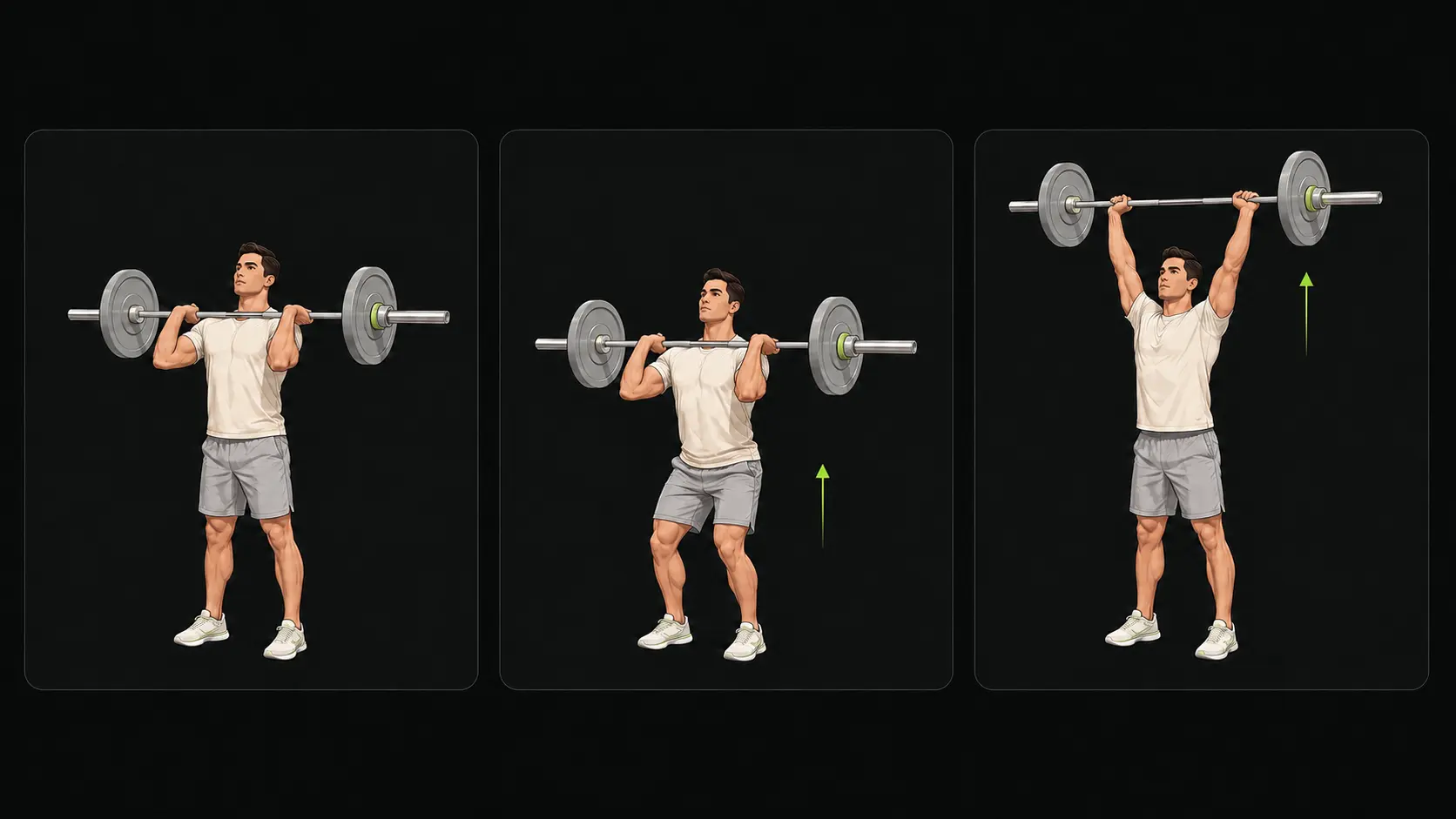 Tre bildsteg visar stången vid axlarna, en kort benböjning och stabil press över huvudet i Push press.