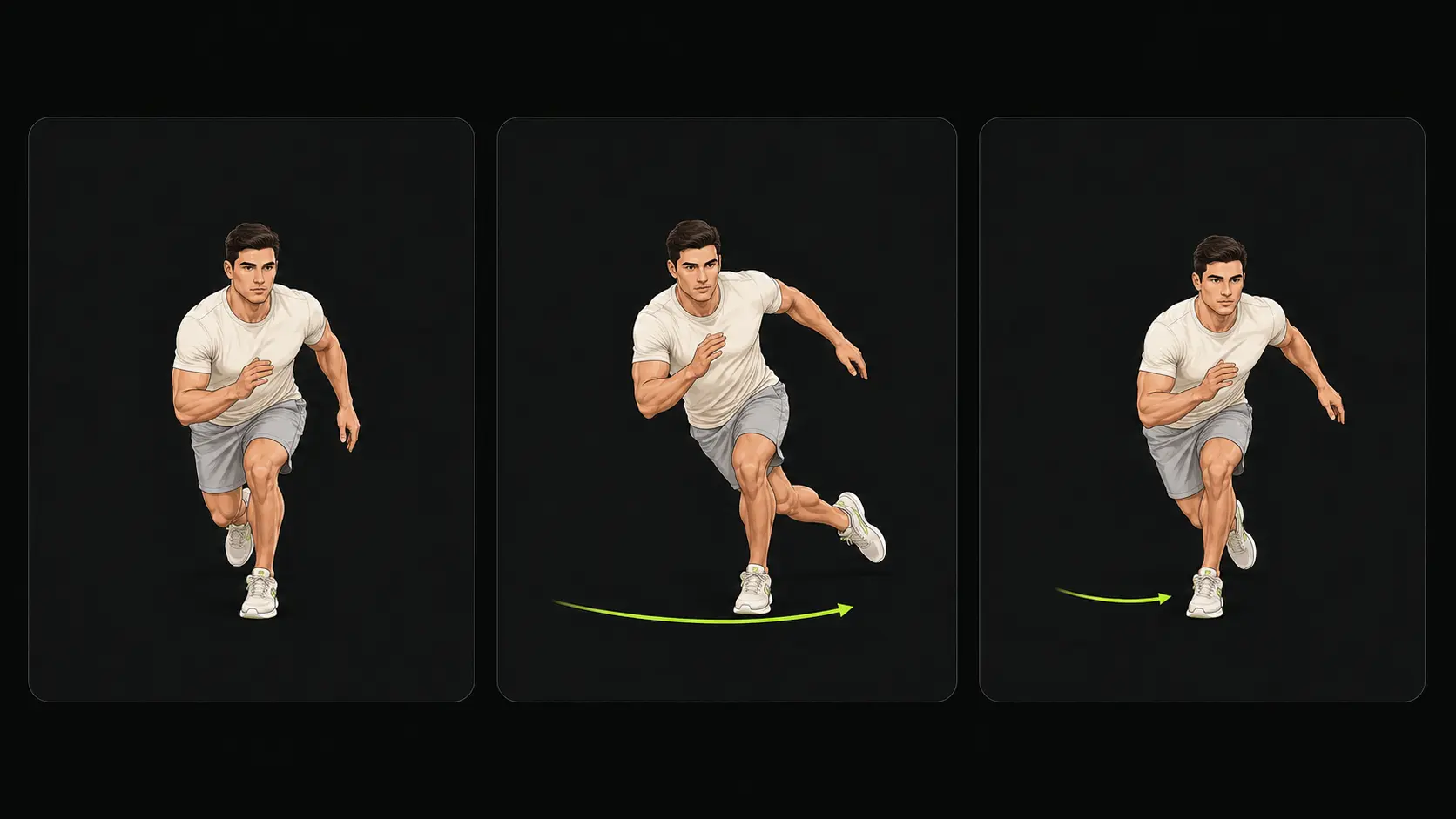 Tre bildsteg visar sidofrånskjut och en stabil landning på motsatt ben i Skridskosteg.